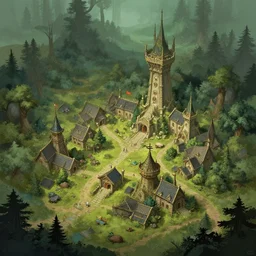 elven town in forest, d & d, concept art