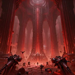 the depths of a vast artificial world with massive towering pillars holding the ceiling of the landscape up, detailed, ruby coloration, energetic beings patrolling, extreme depth, wayne barlowe and calatrava santiago collaboration, godrays, colossal hovering machine automations of brutalist design visible in the foreground
