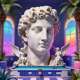 pegge hopper giant head, vaporwave 8 0's tile pool room, giant head statue ruins, by beeple, rainbow, windows, 3 d rendering, fantasy lut, epic composition, sci - fi, surreal, angelic, roman marble statue, cinematic, 8 k, unreal engine, photorealistic, palm trees