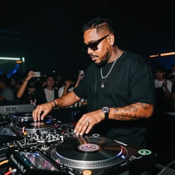 DJ King Bhumibol spinning turntables during edm concert, photo,  high quality