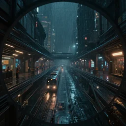equirectangular projection grid of a futuristic bladerunner, cyberpunk, trainstation in the rain at night, volumetric lighting, 4K, Spherical, Panorama, RealityEngine, PhotoRender, hyperdetailed, cinematic