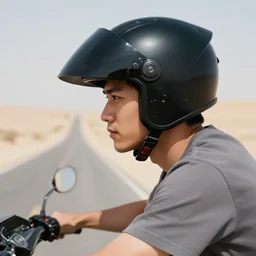 close - up photo of young man with a large head riding a motorcycle on a desert road, wearing a black modular helmet, silhouette of mountains in background, sunset, golden hour, cinematic, octane, 4 k, 8 k, art gallery masterpiece by louis klemantaski and james moy
