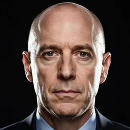 close-up backlit studio photography of Saul Goodman staring with a blank face at the camera, black background, 2700K