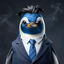 selfie of a groovy penguin in a suit, blue penguin, hair, godfather, symmetrical, dark background, smoke, realistic, highly detailed, trending on artstation,