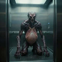 in the mirror metal elevator, a lonely wet skin creature with glowing eyes, crawling humanoid monsters, full body, smile face, mist, octane rendering, cinematic light. medium shot, 2 4 mm, david fincher, james wan, gritty, moody, eerie, dark artslabcoats, sci - fi equipment, saliva, membrane pregnancy sac, respiratory flap, super realism, claws