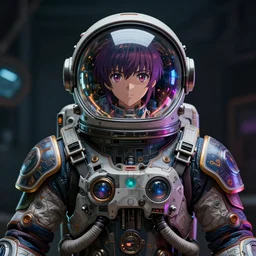a cyberpunk astronaut, symmetrical bust, and the helmet is a glass ball, hyper detailed, colorful palette, masterpiece, ornate dark, suehiro moaruo, katsuhiro otomo, shintaro kago, cgsociety, octane render, ambient light
