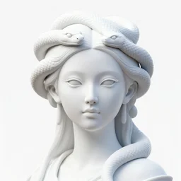 full head and shoulders, beautiful female porcelain sculpture by 3 d artist, smooth, all white features on a white background, delicate facial features, white eyes, white lashes, detailed white snakes on the head