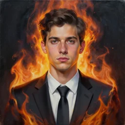 a hyper realistic painting of a patient young man in a burning business suit, coherent symmetrical eyes, calm face, by jeffrey smith, by andrea kowch, by steve henderson, masterpiece, trending on artstation,