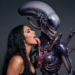kim kardashian being licked menacingly by an xenomorph, highly detailed, photorealistic, slime, saliva, artstation, smooth