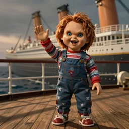 screaming chucky doll on deck of the titanic waving goodbye