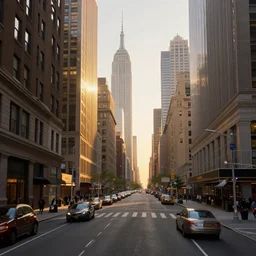 new york in the future, city streets, golden hour, perspective artwork, photorealism