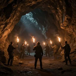 humans with torch in cave, beautiful dynamic lighting, cinematic, wide angle establishing shot, extremely high detail, photo realistic, cinematic lighting, post processed, concept art, artstation, matte painting, style by frederic church, raphael lacoste, unreal engine 8 k