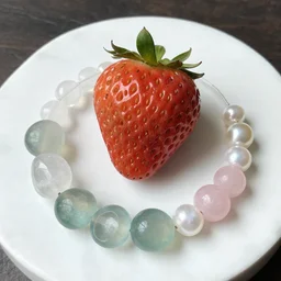 a strawberry, cedar - wood, marble, seaglass, glass and crystals, crystalline, rose quartz, pearl