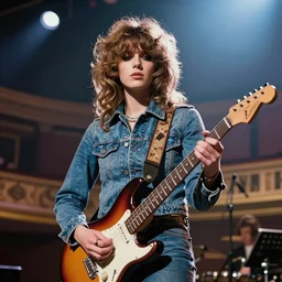 19-year-old girl wearing double denim, thick shaggy hair, permed hair, holding electric guitar, 1971, proto-metal concert, live at Royal Albert Hall, concert lighting