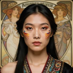 portrait of a stunningly beautiful asian tribal female, small amount of traditional facepainting, depth of field, zeiss lens, detailed, symmetrical, centered, fashion photoshoot, by alphonse mucha, Annie Leibovitz and Steve McCurry, David Lazar, Jimmy Nelsson, Breathtaking, 8k resolution, extremely detailed, beautiful, establishing shot, artistic, hyperrealistic, beautiful face, octane render
