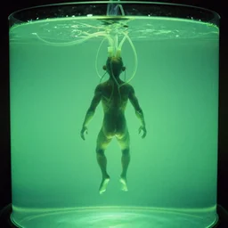 a weird humanoid creature is suspended in a tank of dense liquid, weightlessness, tubes coming from the top of the tank connecting to the creature's body, back lit, bright green glow, 35 mm film photography