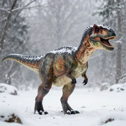 a dinosaur in a snowstorm