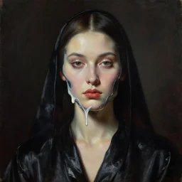 hyperrealism mixed with classicism, oil painting, close - up view of face of fashion model in front of melting cyborg face, fully clothes in black reflect robe, complete darkness, in style of classicism mixed with 8 0 s sci - fi hyperrealism