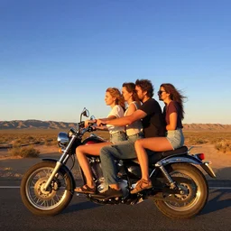 hardmesh retro romantic couple ride on motorbike, ride out here, road california desert, sunset, blue sky, by greg rutkowski, magali villeneuve, artgerm, jeremy lipkin and michael garmash and rob rey