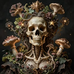 a beautiful detailed front view rococo portrait of a rotten woman corpse with fractal plants and fractal flowers and mushrooms growing around, intricate, ornate, volumetric light, beautiful lit, craneal bones