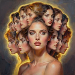 a portrait of a beautiful elegant female entity with 100 faces, backlit, strong rim light, highly detailed, impasto, digital painting, HDRI, skin tones, global illumination, ambient occlusion, Zbrush, by Alvaro Castagnet, Andreas Rocha, vivid colors, high contrast, 8k resolution, intricate, photorealistic, smooth