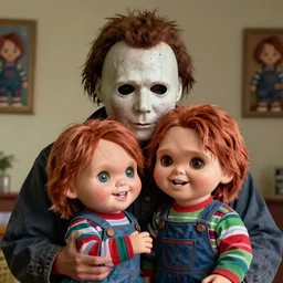 michael myers cuddling chucky realistic cinematic hdr 3 5 mm
