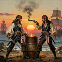 two pirates, one with a sword and one with a gun, facing each other in a duel to the death, smoldering barrel of gunpowder smoke, bloody sword in his hand, sun is setting in the background, ship on the horizon!, portrait 4 / 3, fantasy, high detail, greg rutkowski, james gurney, gene wolfe, gustave dore, jesper ejsing, rhads, makoto shinkai, ilya kuvshinov