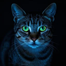a castrated, dreaded close up of a phosphorescent tabby under blacklight
