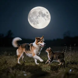 a dog and a cat waltzing in the moonlight, photograph