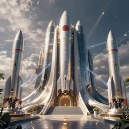 Highly realistic arch-viz render of concept art for an ultra-modern Bond villain\'s lair with rockets and laser turrets