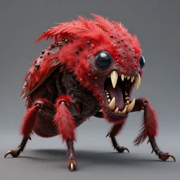 hyper realistic creature portrait of an insectoid monster with a lot of small fluffy details with red feathers and huge teeth, creature design, concept art, artstation, art by marcus whinney and raf grassetti, realistic, octane render, 8 k, hd, realistic lighting