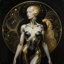 extremely psychedelic beautiful cyborg queen of lsd infected by night. intricate, elegant, highly detailed, extremely lifelike photorealistic digital painting, artstation. steichen, gaston bussiere, tom bagshaw, cyberpunk alphonse mucha. elegant minimalism. anatomically correct. sultry. sharp focus. gold and black, white accents. melancholic. lifelike