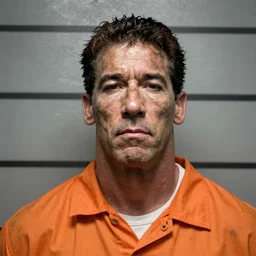 prison mugshot of john cena, bright flash, orange prison clothes, low saturation, somber expression, filthy hair, rugged textured face, soft vignette, soft focus, 5 0 mm, 4 k, photograph by annie leibovitz