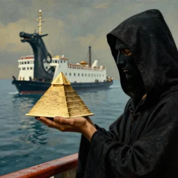 a closeup of a hooded figure holding a small pyramid on a ferry in the underworld, charon, greek mythology, beksinski