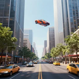 street view of a city in 2150 flying cars