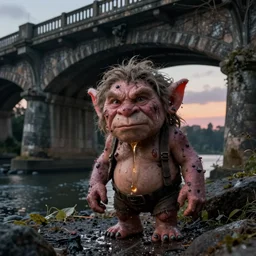 a hyperrealistic cinematic smelly troll living under a dark bridge 3 5 mm hdr twilight