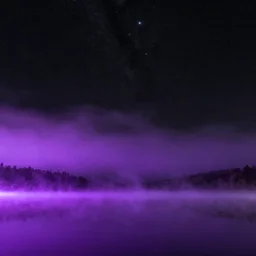 Stunning 4K photograph of a lake covered in purple mist. All the stars in the night sky are completely black. The stars are black.