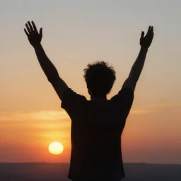 an inspirational painting of silhouetted man raising both arms in celebration by delphin enjolras, sunrise background, freedom, a new dawn, highly detailed, sharp focus, cinematic, trending on artstation