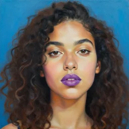 three quarter close up portrait painting of a young latina woman with curly hair, violet lips, blue background, by kehinde wiley