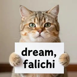 realistic high quality photo of a cute cat holding a sign with text that reads : dream, falconi