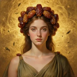 epic painting of beautiful goddess upper body in olive dress with brown hair, golden glowing high quality luxurious background, close up portrait, crown made of sweet dried dates fruits and medjool dates and dried dates, photography by amy leibowitz, medjool dates wlop, jeremy lipkin, beeple, intricate golden fractals, tea leaves flying in the sky, symmetrical front