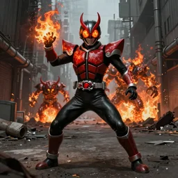 character portrait of a demonic kamen rider with a demon helmet and fire eyes doing a henshin pose standing in a desolate city street, wielding fire, monster made out of fire in the background, matte painting, dramatic lighting, 8 k, rubber suit, digital painting, concept art, muted colors, red colors, moody colors, broken pipes, in the style of frank frazetta