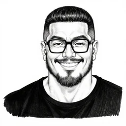 detailed ink line drawing of a buff smiling man with long stubble, muscular neck, rectangular square shaped glasses and a black bowl cut, wearing a black tshirt, b & w clean shaped illustration by kim jung gi, ric estrada, ron english, randolph caldecott and eiichiro oda