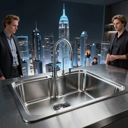 stainless steel kitchen sink with futuristic city standing inside of it by ross tran, thierry doizon, craig mullins, ilya kuvshinov, artgerm, edward hopper, dan mumford, wlop, rutkovsky, carl spitzweg, moebius, unreal engine 5, lumen, nanite