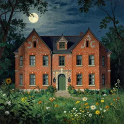 a brick house at midnight, 1 9 7 0 s, seventies, delicate embellishments, a little blood, woodland, moonlight shining on wildflowers, painterly, offset printing technique, by alexandre cabanel