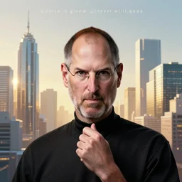 futuristic portrait steve jobs standing cybercity, golden hour, poster by michael whelan and gilbert williams and evgeny lushpin and artgerm and alena aenami, 3 0 mm, well proportioned, highly detailed, rule of thirds, long exposure