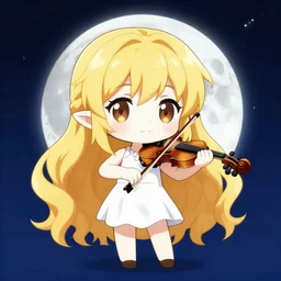 chibi, cute, female, big eyes, full body, elf girl with white skin and golden long wavy hair, holding a violin and playing a song, stunning art style, filters applied, lunar time, night sky, trending art, sharp focus, centered, landscape shot, fate zero, simple background, studio ghibly makoto shinkai yuji yamaguchi, by wlop
