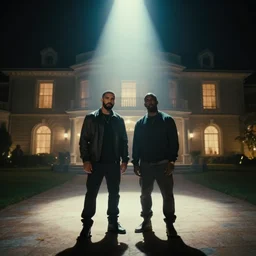 drake and kanye standing in the middle of a mansion, cinematic, camcorder effect, ektachrome, wide angle, lens distortion, double - exposure, rephotography, light, dark, 3 d, spotlight, amoled, moody lighting, fog, cgi