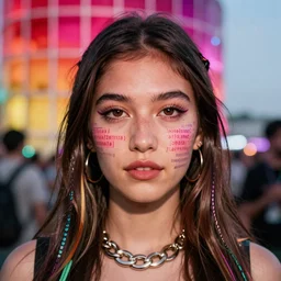 perfectly centered portrait photograph of coachella influencer with lines of code coming out of her eyes by jamie hewlett, detailed, ambient lighting, hyper realistic, pop art style, artstation, featured on z brush, 3 5 mm film grain