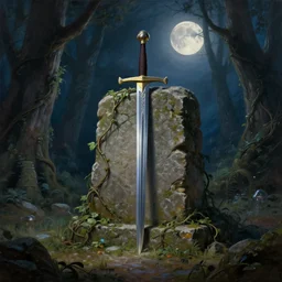 a sword in a stone in ancient ruins, vines, magical forest, hyperrealistic, highly detailed, cinematic, single ray of moon, beautiful, cgssociety, artstation, 8 k, oil painting